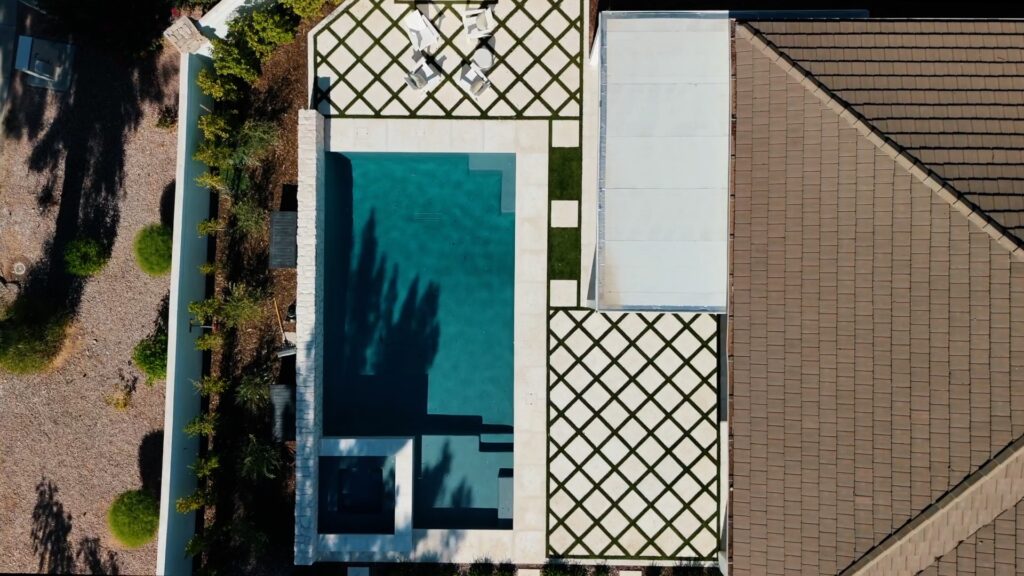 Top-down view of modern pool and patio design in Phoenix Arizona