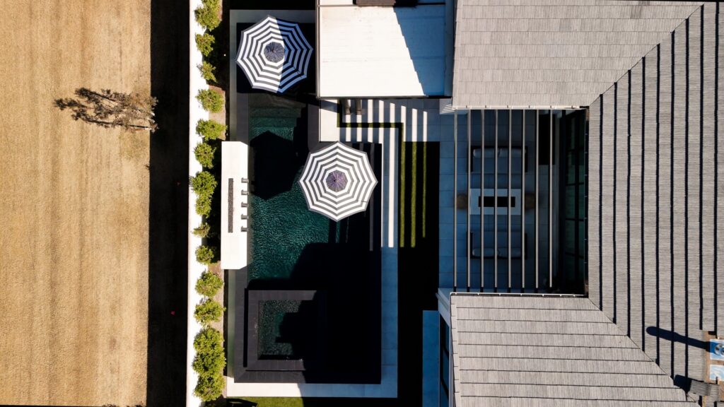 Aerial view of luxury backyard with pool and patio in Paradise Valley Arizona