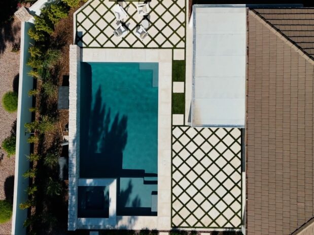 Top-down view of modern pool and patio design in Phoenix Arizona