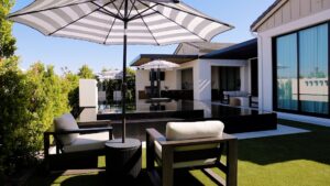 Outdoor patio and modern home with pool in Scottsdale Arizona